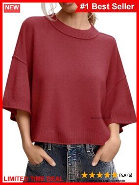 Womens Oversized Cropped Short Sleeve Sweater Knit Pullover Top